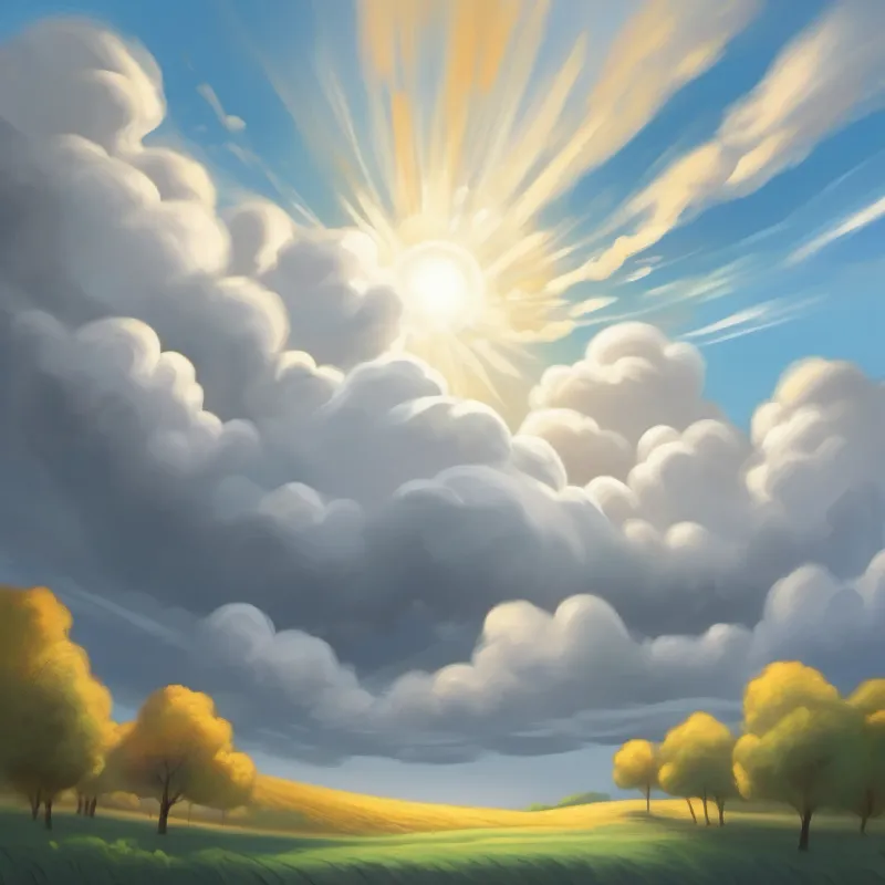 Grey cloud laughs and shrinks, turns into white clouds, sun comes out