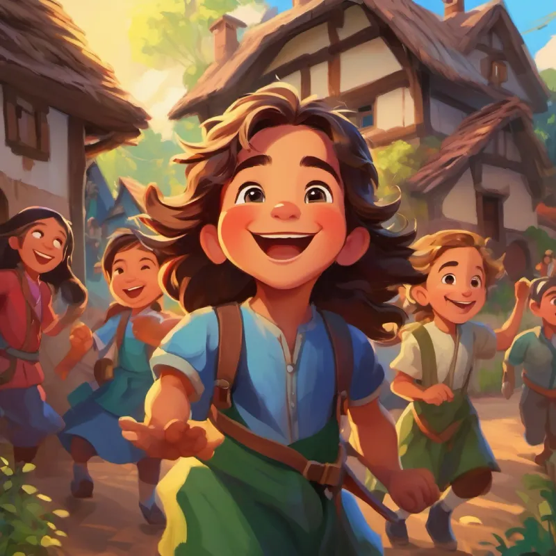 Village colorful again, villagers smiling and celebrating Achille, a two-year-old boy with long hair, bright eyes, and a joyful smile's bravery