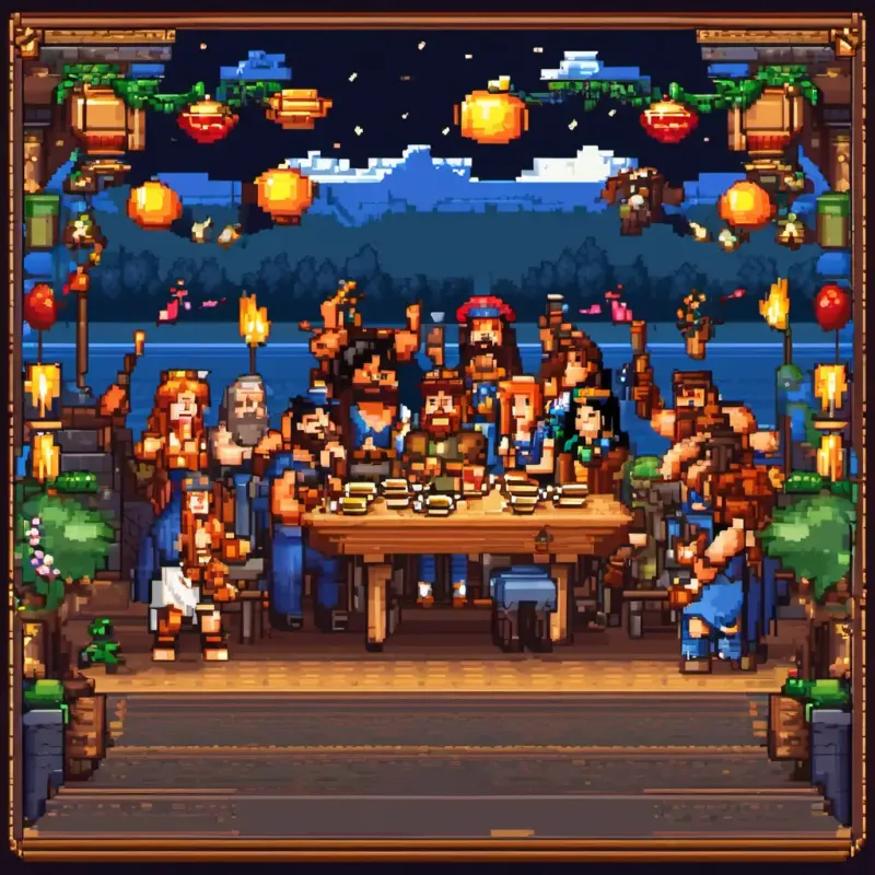 Celebration feast with Bill and the Amazons, joyful ending.