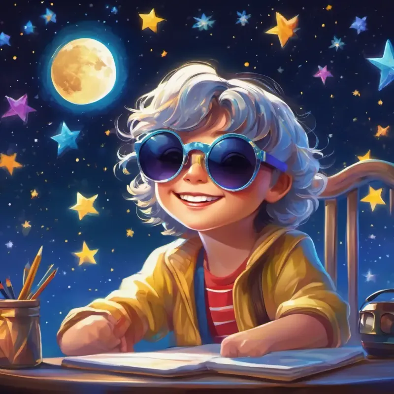 Sparkly sunglasses with colorful lenses and a happy smile, the sparkly sunglasses, sitting on a table during the day, looking up at the moon and stars at night