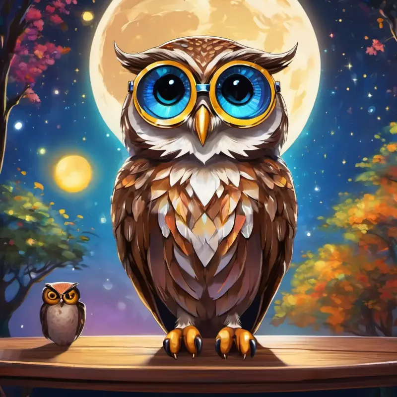Sparkly sunglasses with colorful lenses and a happy smile and Wise owl with big, round eyes that sparkle like the moon, the wise owl, sitting on the table, looking excitedly at each other