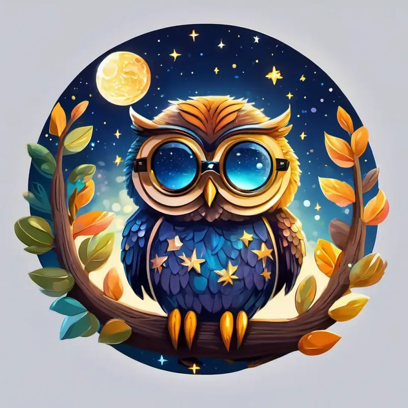 Sparkly sunglasses with colorful lenses and a happy smile sitting on Wise owl with big, round eyes that sparkle like the moon's back, both flying through the night sky, stars twinkling all around