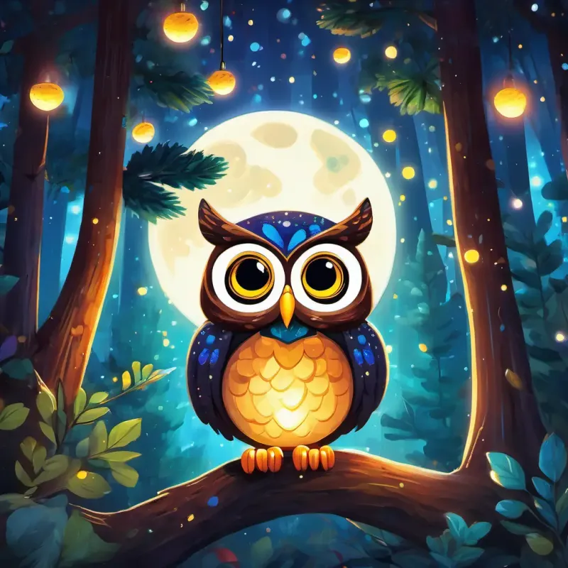 Sparkly sunglasses with colorful lenses and a happy smile and Wise owl with big, round eyes that sparkle like the moon flying through the forest, surrounded by trees and fireflies lighting up the night