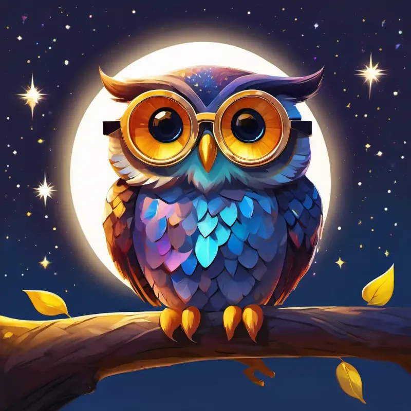 Sparkly sunglasses with colorful lenses and a happy smile and Wise owl with big, round eyes that sparkle like the moon back on the table, Sparkly sunglasses with colorful lenses and a happy smile looking happy and Wise owl with big, round eyes that sparkle like the moon looking wise