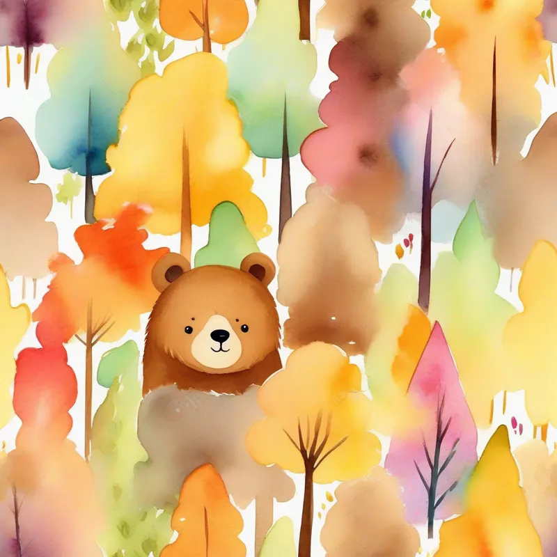 A Small bear, brown fur, bright eyes, wearing a smile. with a sad face and colorful forest.