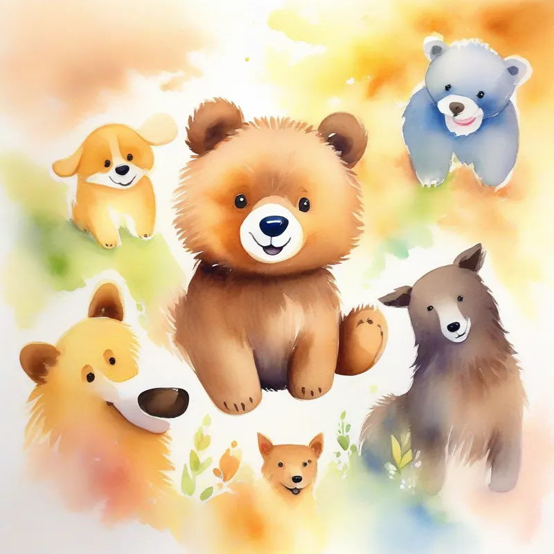 A Small bear, brown fur, bright eyes, wearing a smile. playing happily with friendly Friendly dogs, various colors, wagging tails, wearing happy expressions..