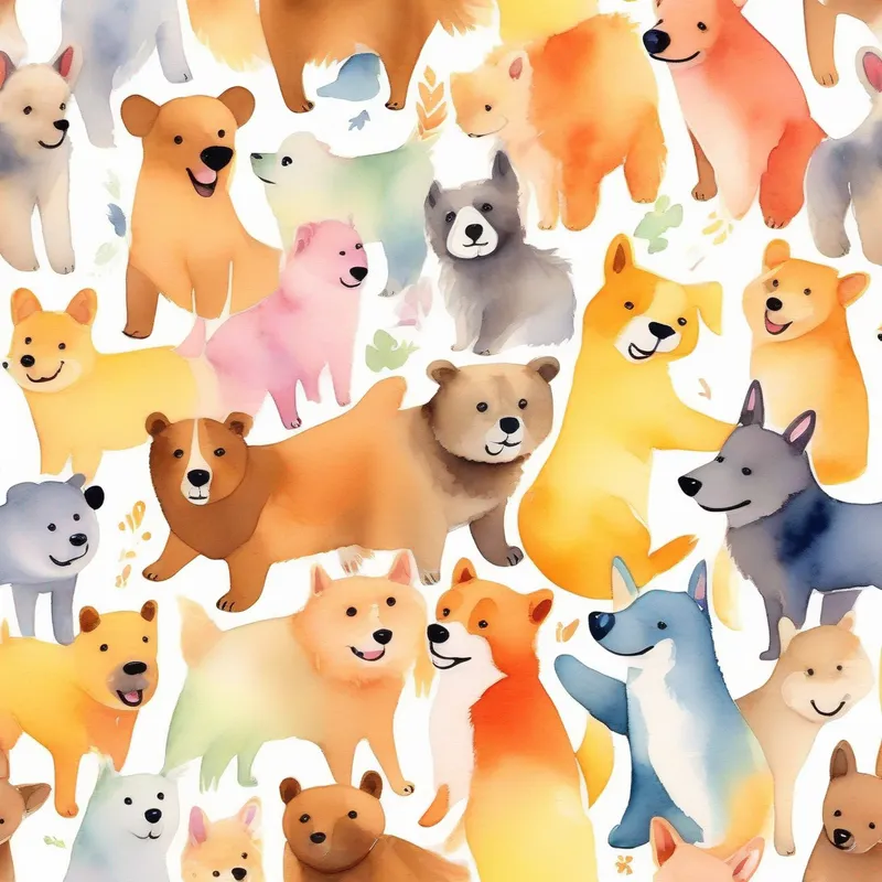 Small bear with happy Friendly dogs, various colors, wagging tails, wearing happy expressions., showing friendship and acceptance.