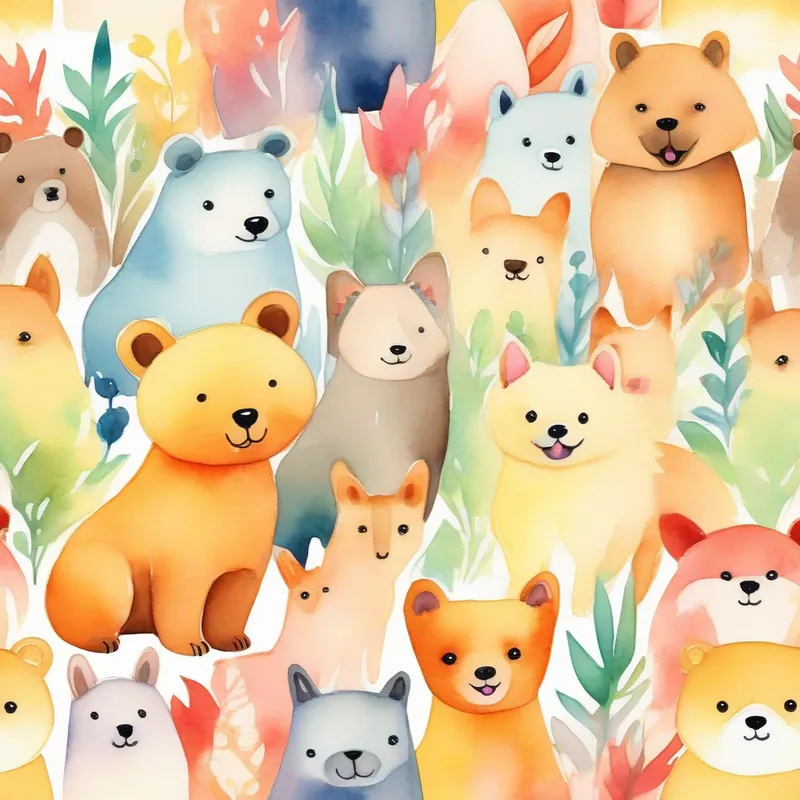 Small bear with the joyful Friendly dogs, various colors, wagging tails, wearing happy expressions. in the colorful forest.