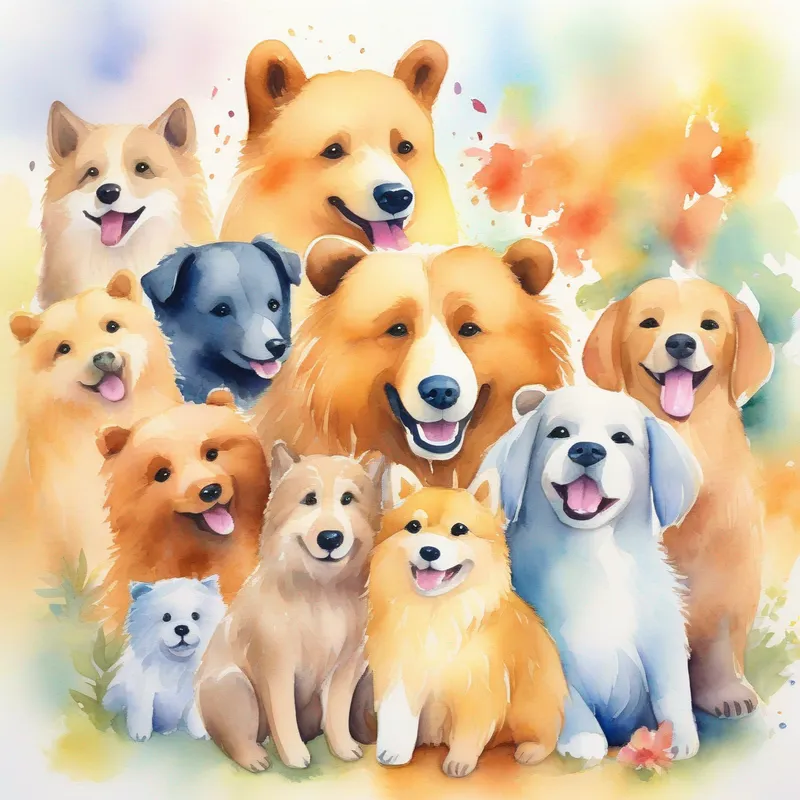Small bear and Friendly dogs, various colors, wagging tails, wearing happy expressions. feeling loved and happy in their chosen family.