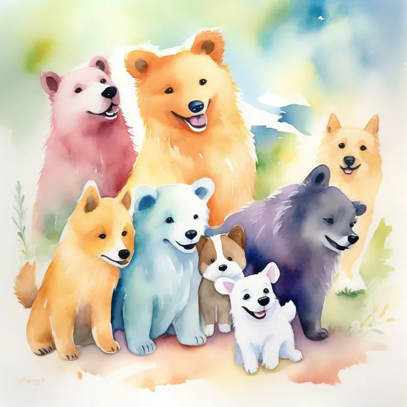 Small bear and Friendly dogs, various colors, wagging tails, wearing happy expressions. teaching each other about acceptance and uniqueness.