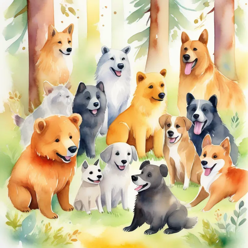 Small bear and Friendly dogs, various colors, wagging tails, wearing happy expressions. together, filled with friendship and adventure in the forest.