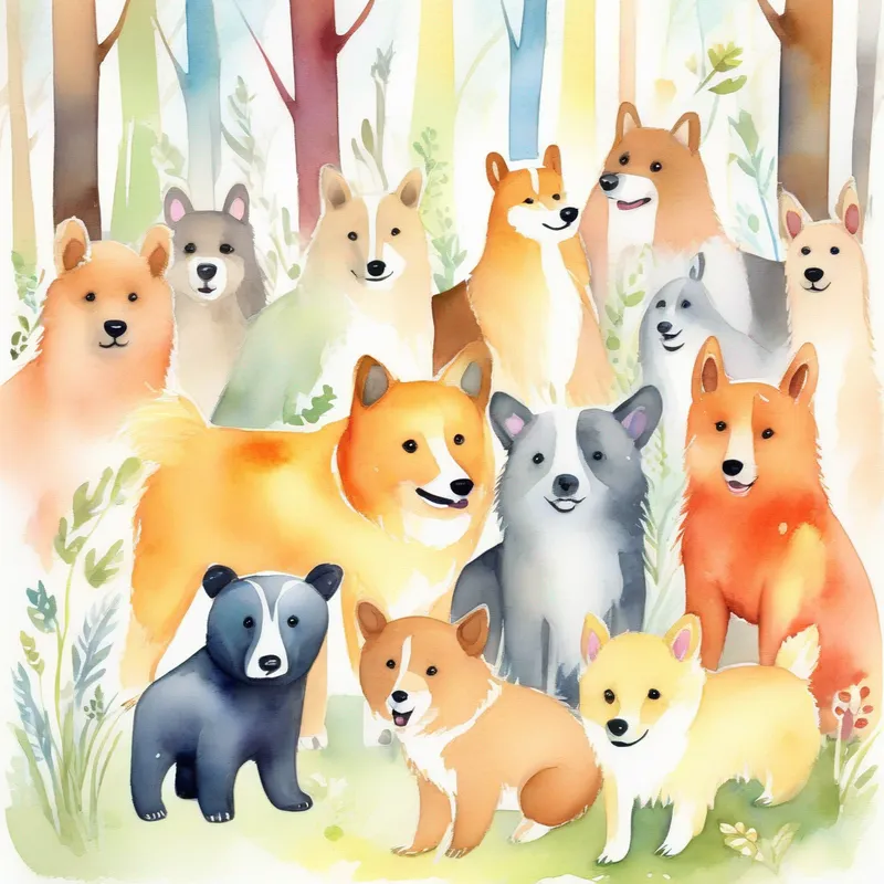 Small bear with Friendly dogs, various colors, wagging tails, wearing happy expressions., living happily ever after in the forest.