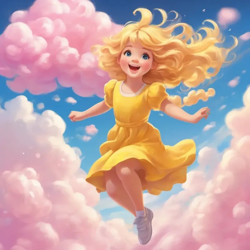 Cute and bubbly with golden hair and twinkling blue eyes is wearing a bright yellow dress and has rosy cheeks as she jumps on the billowy clouds, with cotton candy colored clouds floating in the background.