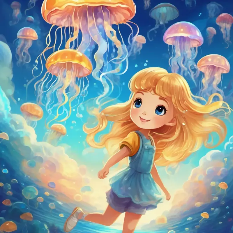 Cute and bubbly with golden hair and twinkling blue eyes and the jellyfish are surrounded by bouncy blue clouds, with the jellyfish shimmering and sparkling like a rainbow.