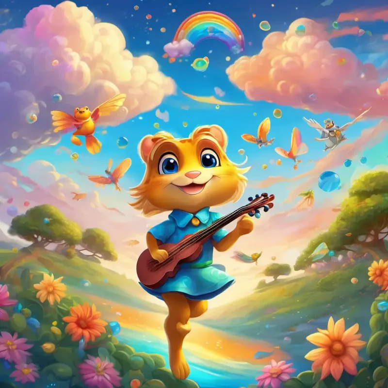 Cute and bubbly with golden hair and twinkling blue eyes and Shimmering with many colors, with a friendly and jolly expression are soaring above a kaleidoscope of colorful clouds, with playful creatures all around, and the frog playing an invisible fiddle in the distance.