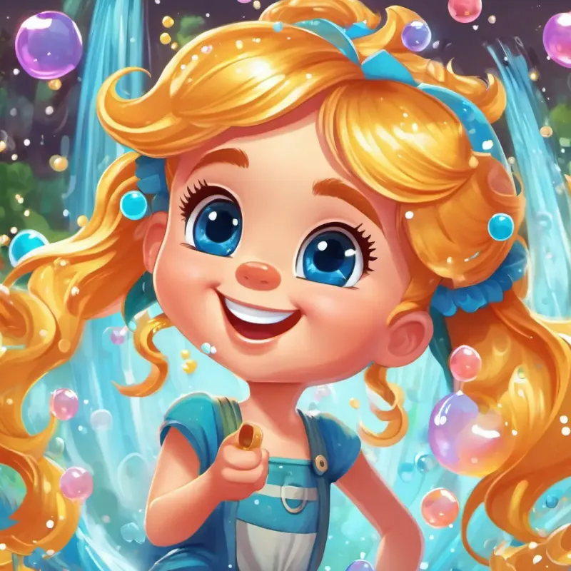 Cute and bubbly with golden hair and twinkling blue eyes and Shimmering with many colors, with a friendly and jolly expression are marveling at the fizzy soda pop waterfall, with bubbles and foam spilling over the edge of the cloud onto their giggling faces.