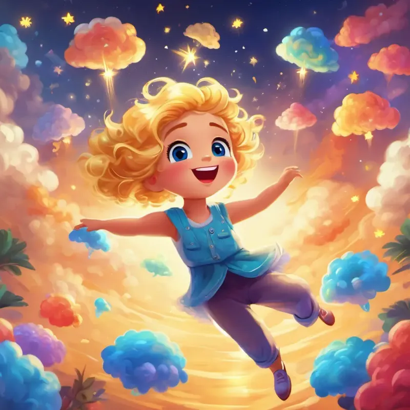 Cute and bubbly with golden hair and twinkling blue eyes and Shimmering with many colors, with a friendly and jolly expression are dancing with the other cloud creatures in a lively and colorful dance hall, with twinkling stars peeking through the fluffy clouds.