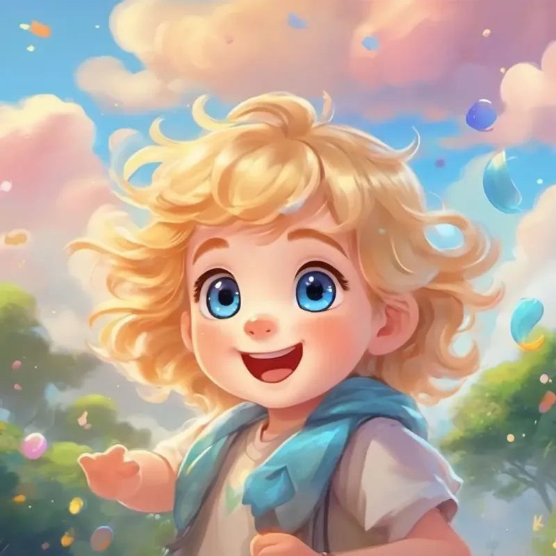 Cute and bubbly with golden hair and twinkling blue eyes and Shimmering with many colors, with a friendly and jolly expression are waving goodbye to their friends, with the pastel-colored sky and soft, fluffy clouds surrounding them.