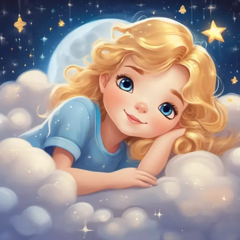 Cute and bubbly with golden hair and twinkling blue eyes is sleeping peacefully on a cloud bed, surrounded by twinkling stars and the moon shining in the night sky.