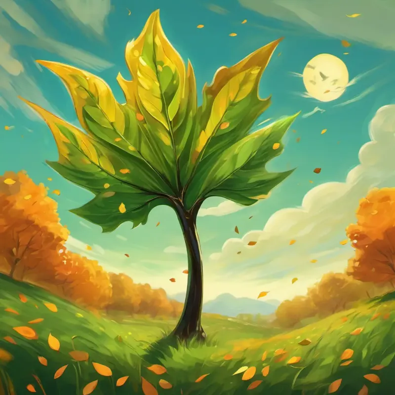 A green leaf named A green leaf with shades of yellow, brown, and orange Small black eyes on a tall tree in a sunny meadow. A gust of wind blows and lifts the leaf up in the sky.