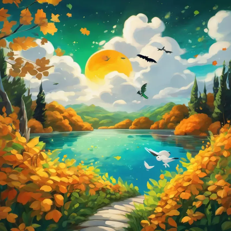 A green leaf with shades of yellow, brown, and orange Small black eyes floating through the sky. The leaf sees fluffy white clouds, sparkling blue lakes, birds, and colorful flowers.