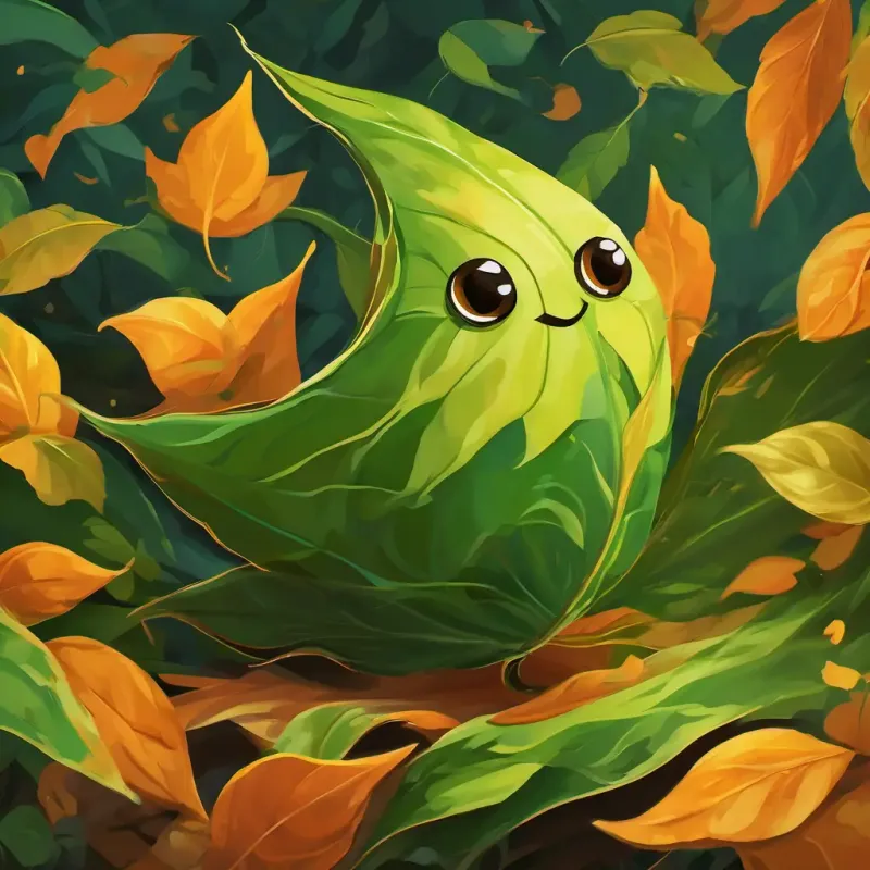 A green leaf with shades of yellow, brown, and orange Small black eyes being carried higher by the strong wind. The leaf is swirling, twirling, giggling, and dancing.