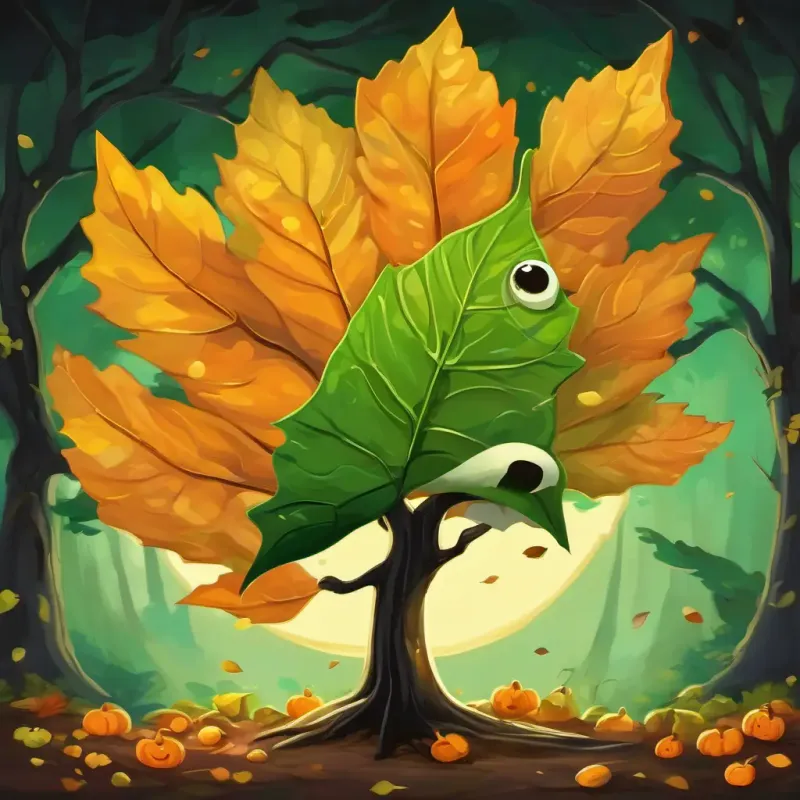 A green leaf with shades of yellow, brown, and orange Small black eyes landing back on the tree. The leaf is feeling grateful and happy.