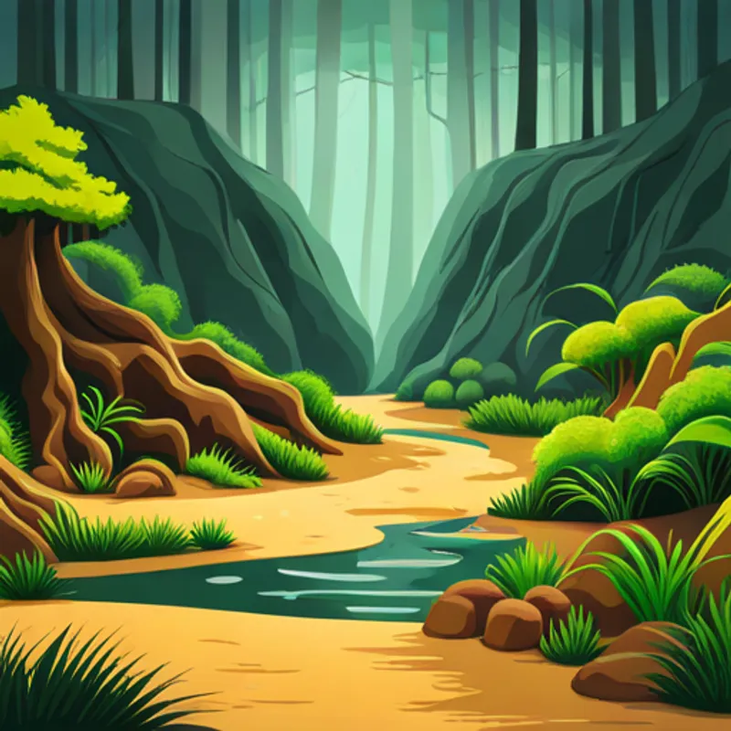 Serene forest with animals, plants, and natural elements