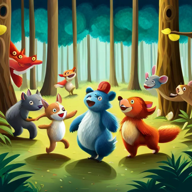 Animals from the forest dancing and celebrating