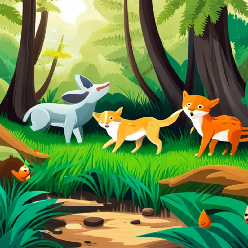 All the animals in the forest frolicking joyfully