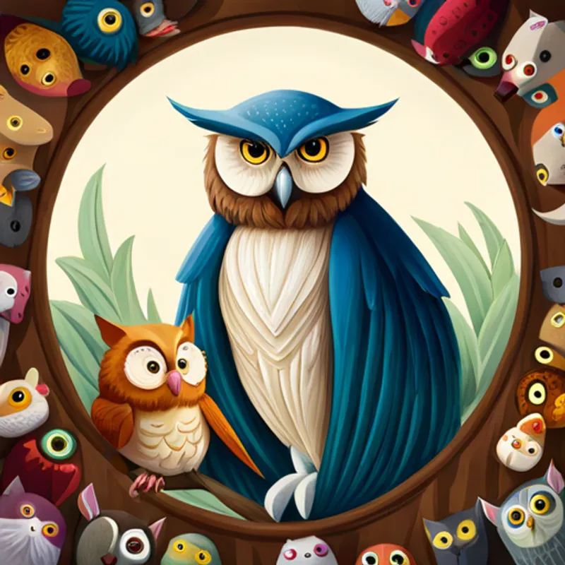 Owl teaching other animals wisdom in a circle
