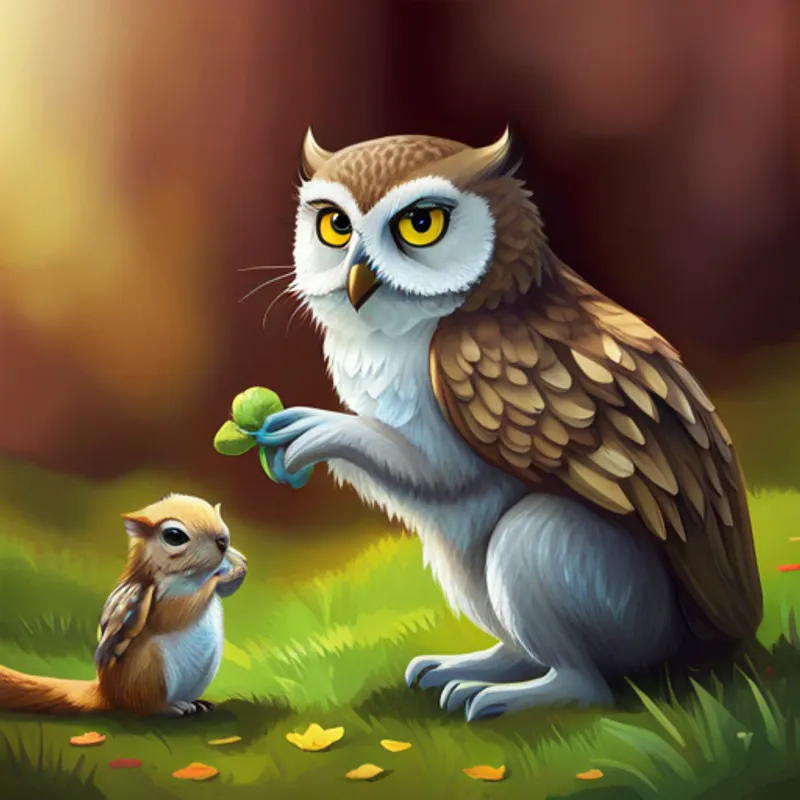 Owl comforting sad squirrel with his wing