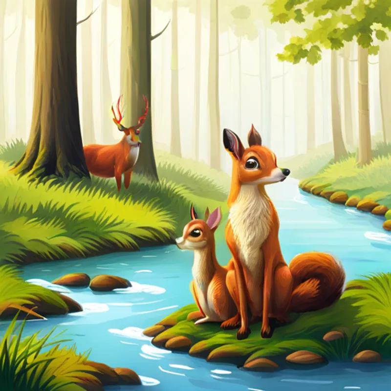 Deer and squirrel sitting together near a gentle river