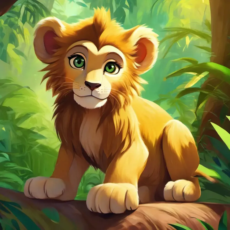 Young lion cub, golden fur, bright green eyes meets Wise monkey, brown fur, mischievous eyes the monkey, lush jungle backdrop, sunny and bright
