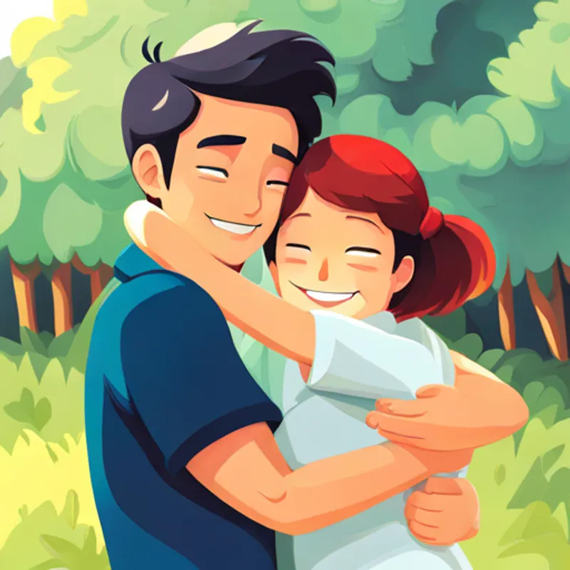 Denis hugging Mimi, both smiling happily