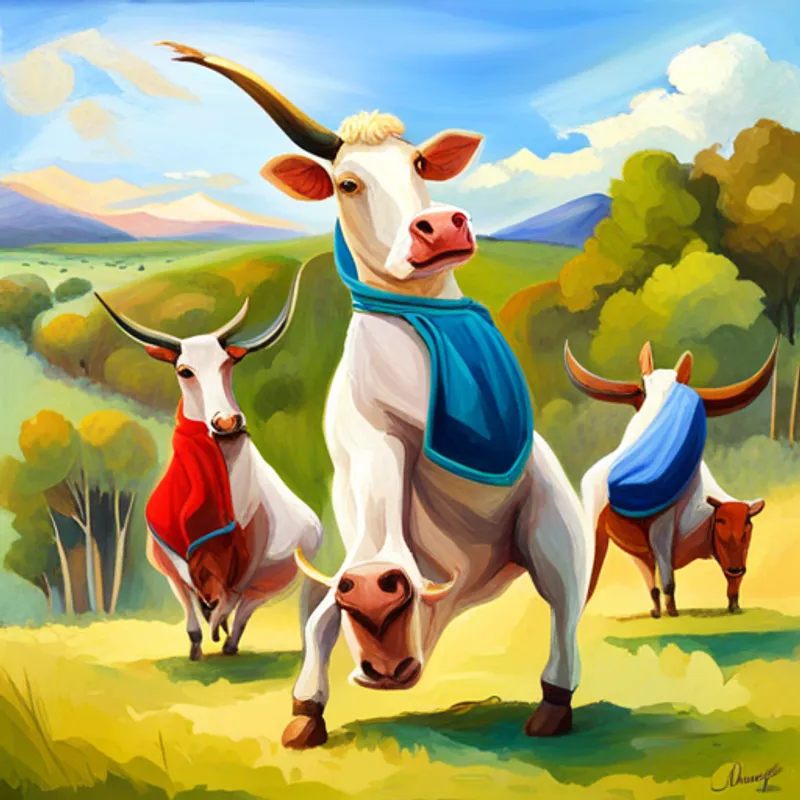 Cows wearing colorful clothes, doing gymnastics