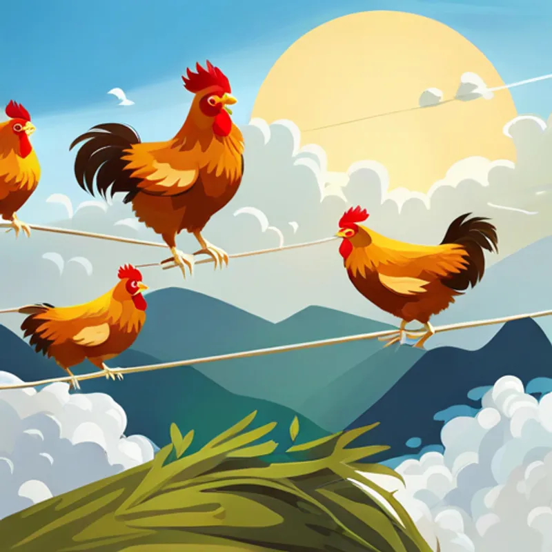 Chickens balancing on a tightrope, looking focused
