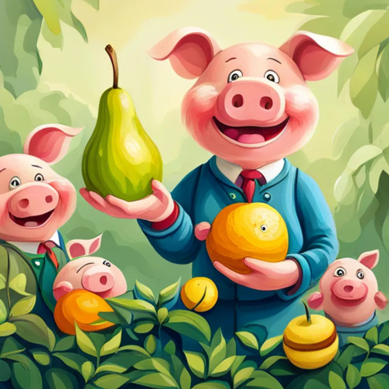 Piglets juggling fruits with big smiles on their faces