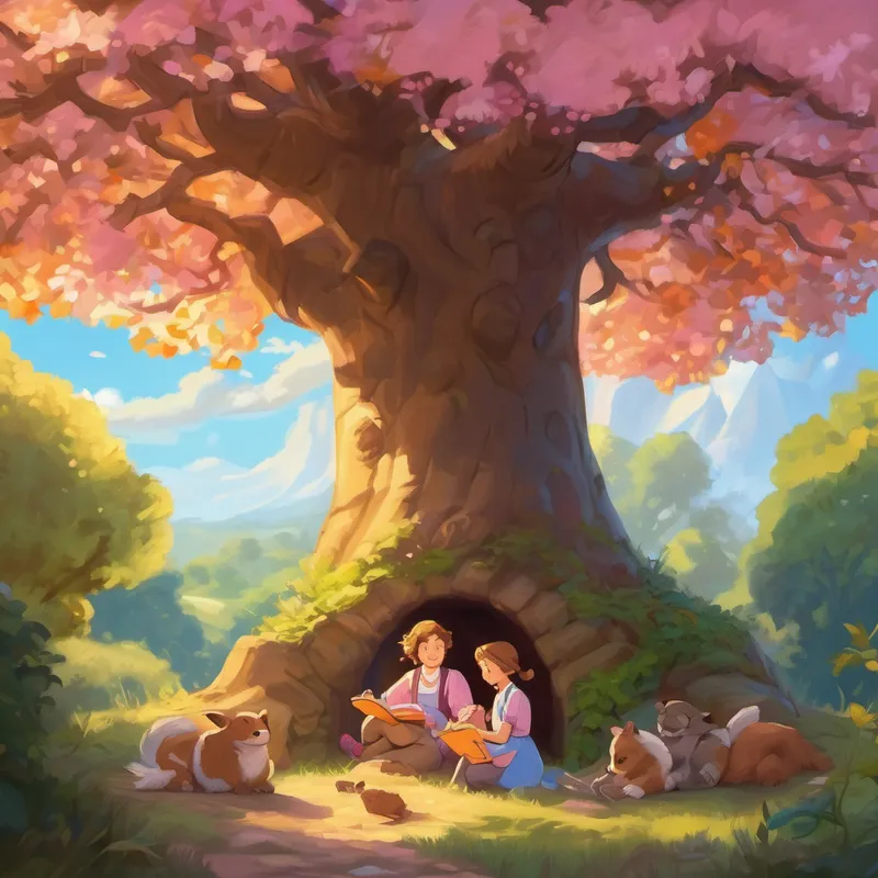 They laughed and giggled as they munched on their snacks, sharing stories and making plans for their next adventure. The tall oak tree stood proudly above them, its branches swaying gently in the breeze, as if whispering secrets of faraway lands. With their bellies full and hearts content, Anna and Sarah lay back on the cozy quilt, letting their imagination wander. As the sun started to set, painting the sky with shades of pink and orange, Anna began telling a magical bedtime story.