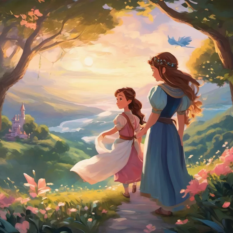 "It's a tale about a brave princess who lived in a kingdom far, far away," Anna's voice carried on the wind, capturing Sarah's attention. They lost themselves in the captivating story, imagining themselves as the heroines, embarking on a grand adventure filled with mythical creatures and hidden treasures. As the story came to an end, a silvery moon rose high in the night sky, sprinkling the land with its soft glow. Anna and Sarah, feeling the gentle tug of sleep, cuddled close to each other, whispering secrets and giggles like a gentle lullaby.