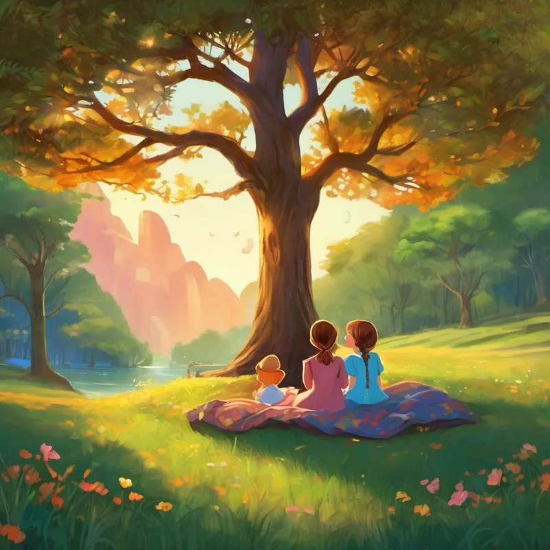 With memories of their picnic and dreams of their next escapade, Anna and Sarah drifted off into a magical slumber. And under the watchful gaze of the tall oak tree, they were carried away to dreamland, where every wish and every adventure awaited their wondrous souls. And so, dear little one, as you close your eyes tonight, may this story inspire you to dream big and discover the magic that lies within you. For just like Anna and Sarah, you too can find adventure and joy, even in the simplest moments. Goodnight, sweet dreams, and may you always dream under the branches of your own magical oak tree.