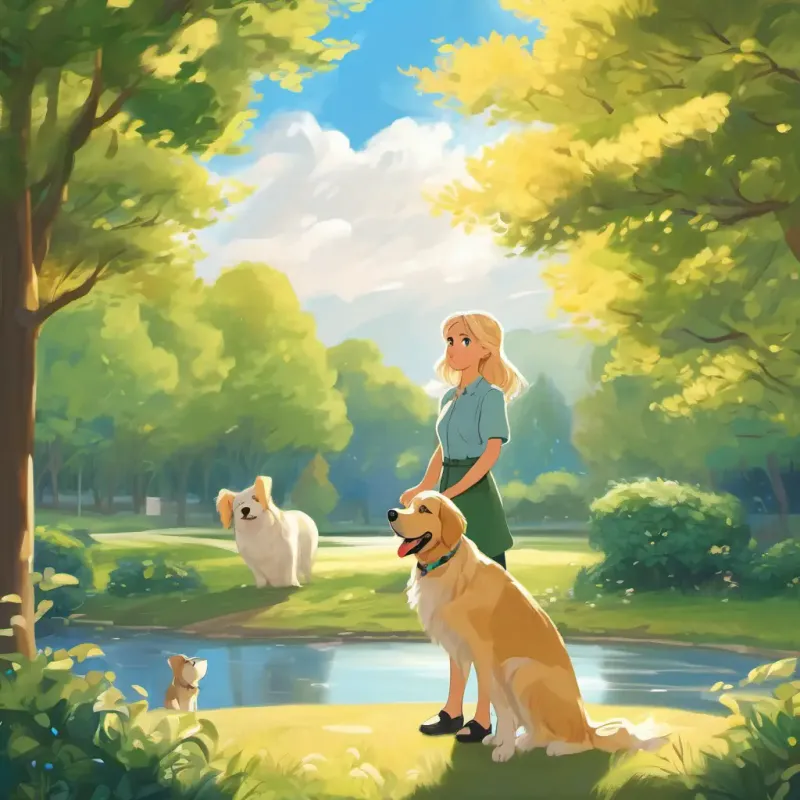 Leah has brown hair and blue eyes, Luna has blonde hair and green eyes, and Goose is a golden retriever with floppy ears standing in a park, surrounded by trees and blue sky