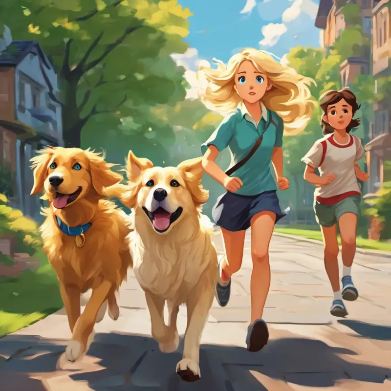 Leah has brown hair and blue eyes, Luna has blonde hair and green eyes, and Goose is a golden retriever with floppy ears looking worried, with people running in the background
