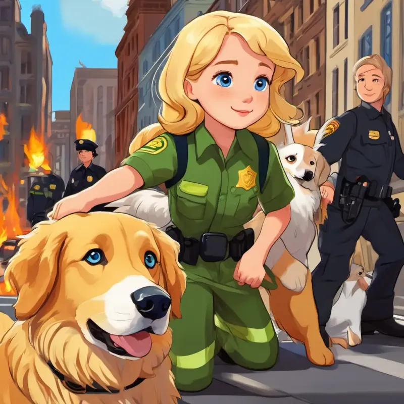 Leah has brown hair and blue eyes, Luna has blonde hair and green eyes, and Goose is a golden retriever with floppy ears watching firefighters and police officers helping others