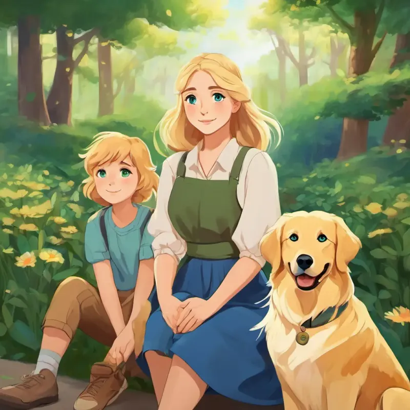 Leah has brown hair and blue eyes, Luna has blonde hair and green eyes, and Goose is a golden retriever with floppy ears sitting together, surrounded by kind and caring people