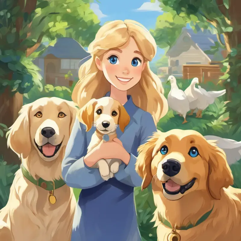 Leah has brown hair and blue eyes, Luna has blonde hair and green eyes, and Goose is a golden retriever with floppy ears smiling, surrounded by a united community