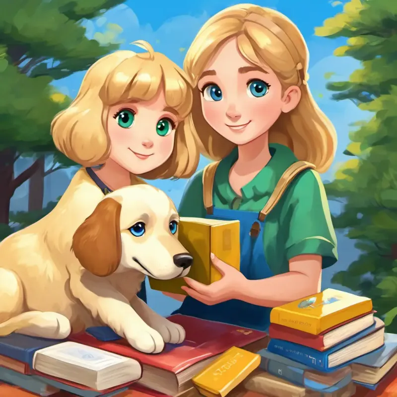 Leah has brown hair and blue eyes, Luna has blonde hair and green eyes, and Goose is a golden retriever with floppy ears packing toys and books, ready to help others
