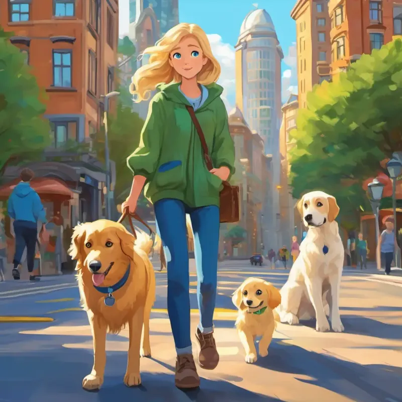 Leah has brown hair and blue eyes, Luna has blonde hair and green eyes, and Goose is a golden retriever with floppy ears looking at a vibrant, bustling city