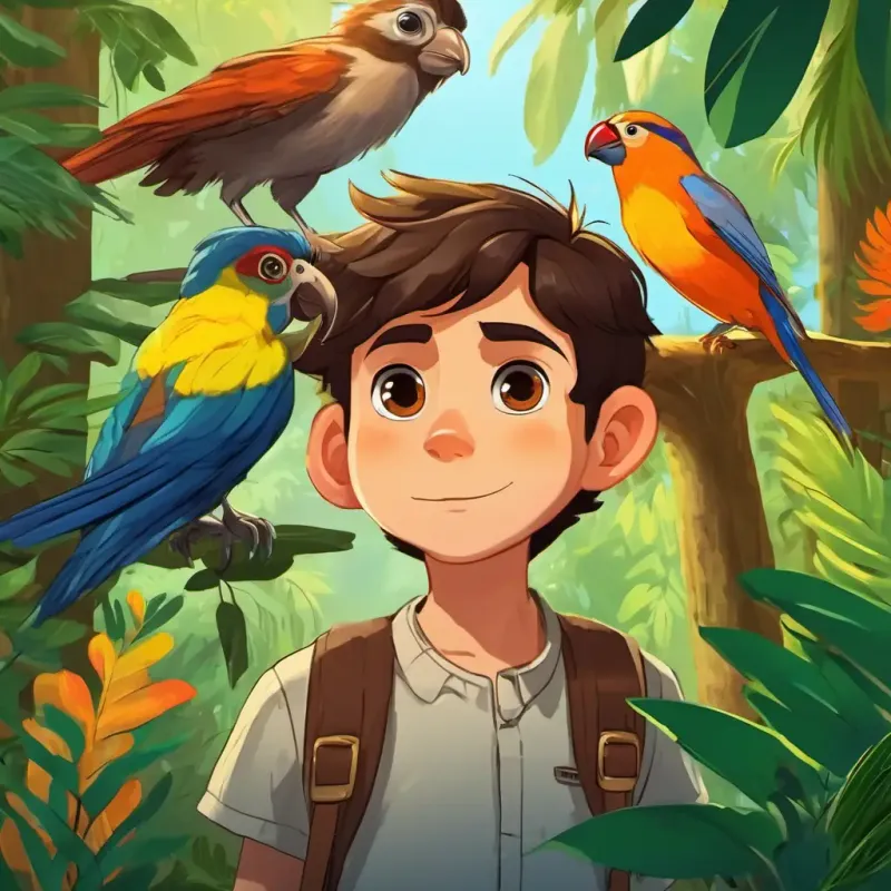 Levi is a 7-year-old boy with autism He has brown hair and curious brown eyes enters the jungle and sees tall trees, colorful birds, and a friendly monkey with brown fur.