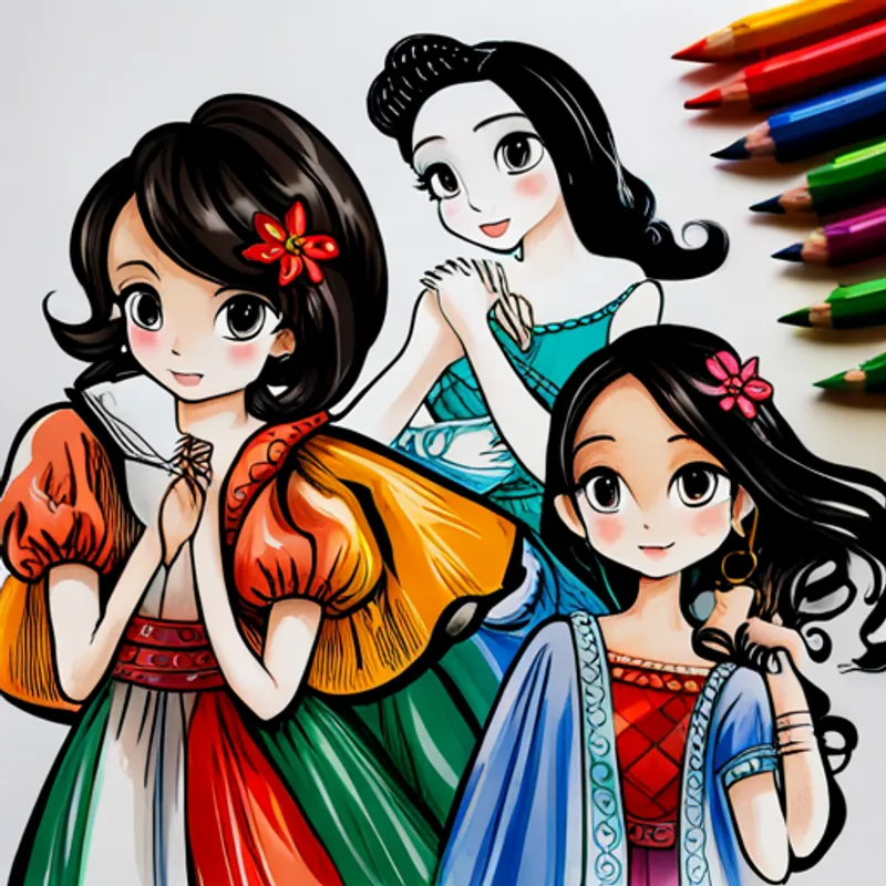 Tres princesas con vestidos de colores brillantes